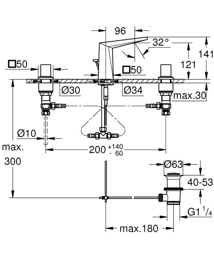 Grohe Allure Brilliant M-Boy, 3 Delikli Lavabodan Ankastre Lavabo Bataryası, Sifon Kumandalı Krom 20626000 - 3