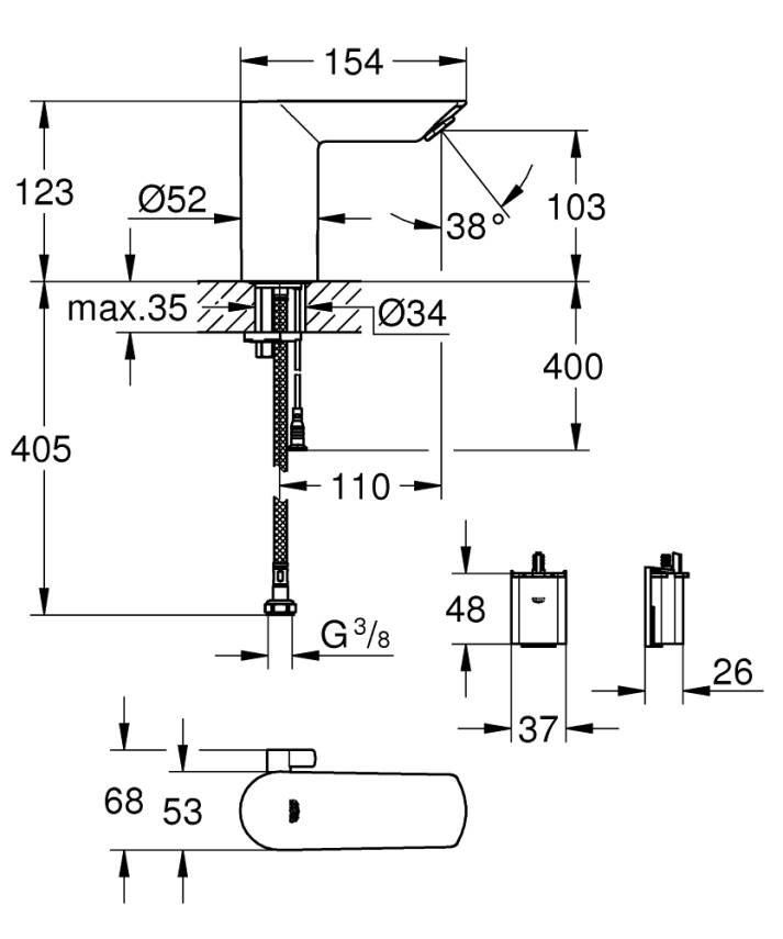 Grohe Bau Cosmopolitan E Fotoselli Lavabo Bataryası (Pilli, Çift Su Girişli) Krom 36451000 - 2