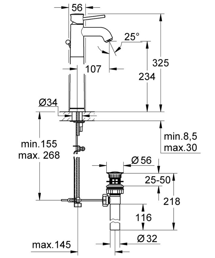 Grohe BauClassic Çanak Lavabo Bataryası, Sifon Kumandalı 32868000 - 2