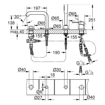 Grohe Essence 4 Delikli Küvet Bataryası (Sıva Üstü Grubu), Parlak Altın 19578GL1 - 2