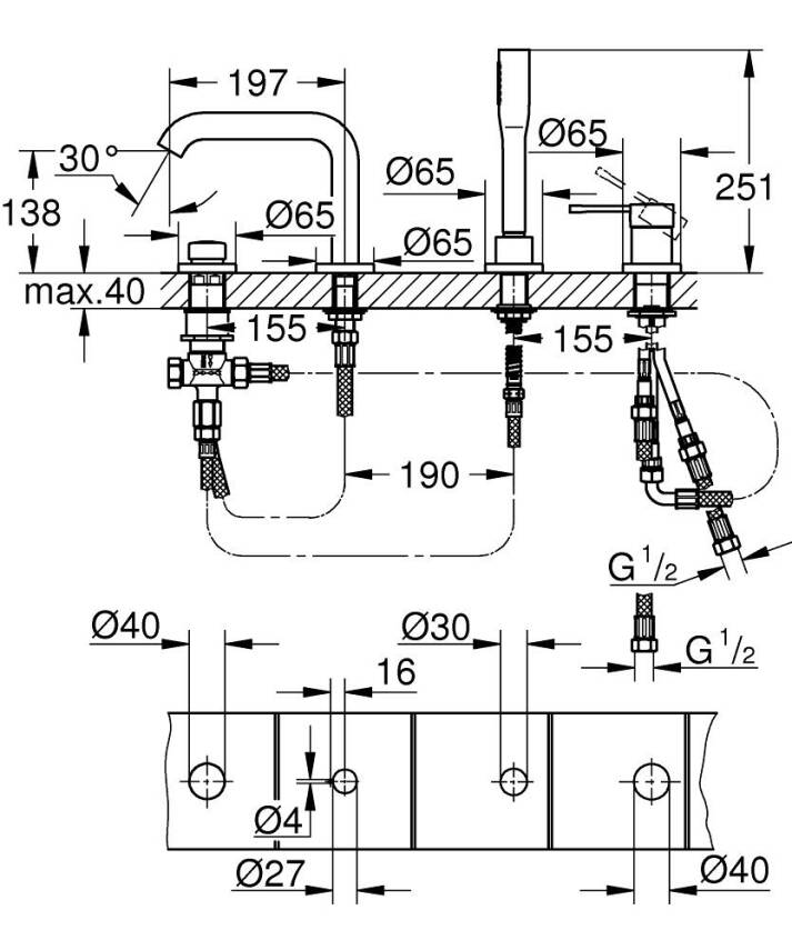 Grohe Essence Dört Delikli Ankastre Küvet Bataryası (Sıva Üstü Grubu), Sert Grafit 25251A01 - 2