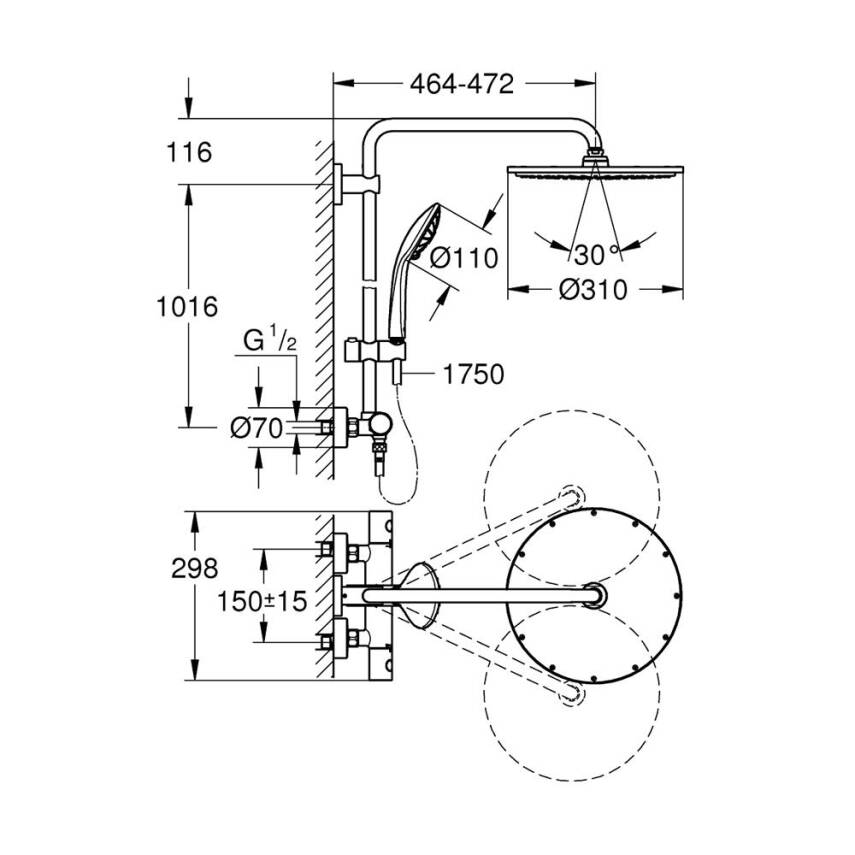 Grohe Euphoria System 310 Duvara Monte Termostatik Duş Bataryalı Duş Sistemi, Parlak Altın 26075GL0 - 2