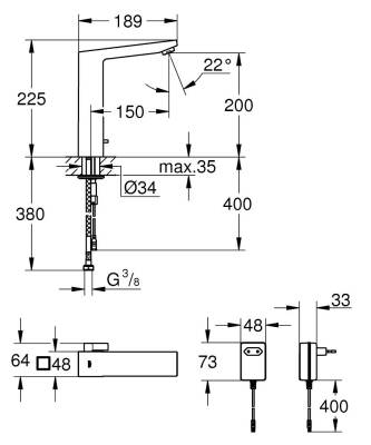 Grohe Eurocube E Fotoselli Lavabo Bataryası (Çift Su Girişli-Elektrikli) 36440000 - 2