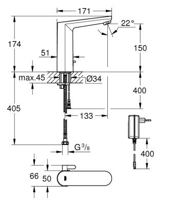 Grohe Eurosmart Cosmopolitan E Fotoselli Lavabo Bataryası (Elektrikli- Çift Su Girişli) Ayarlanabilir sıcaklık sınırlayıcısı 36421001 - 4