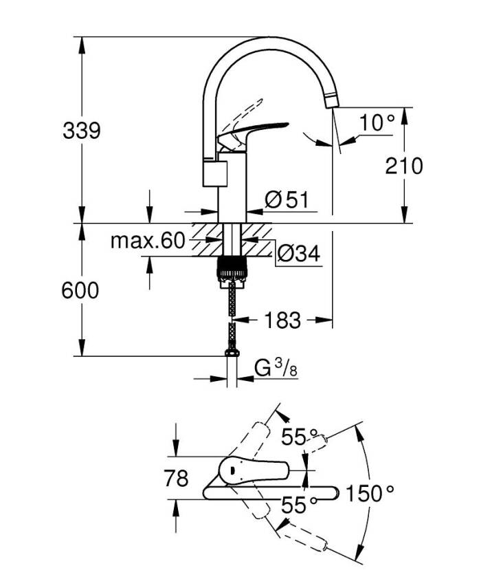 Grohe Eurosmart Kuğu Borulu Eviye Bataryası 33202003 - 4