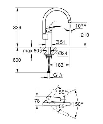 Grohe Eurosmart Kuğu Borulu Eviye Bataryası, Mat Siyah 332022433 - 4