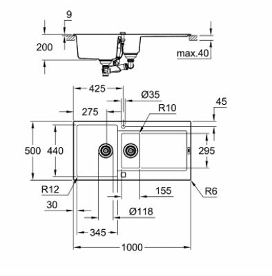Grohe Grohe K500 Kompozit Damlalıklı 1,5 Gözlü Eviye, Granit Siyah 31646AP0 - 2