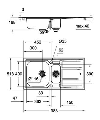 Grohe K400+ Damlalıklı 1,5 Gözlü Eviye Paslanmaz Çelik (Sağ-Sol Damlalıklı 98x51 cm) 31569SD0 - 2