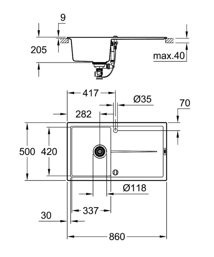 Grohe K400 Kuvars Kompozit Eviye 50 -C 86/50, Granit Siyah Rengi 31640AP0 - 3