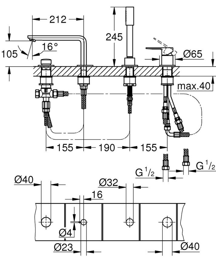 Grohe Lineare Dört Delikli Ankastre Küvet Bataryası (Sıva Üstü Grubu), Fırçalı Sert Grafit 19577AL1 - 3