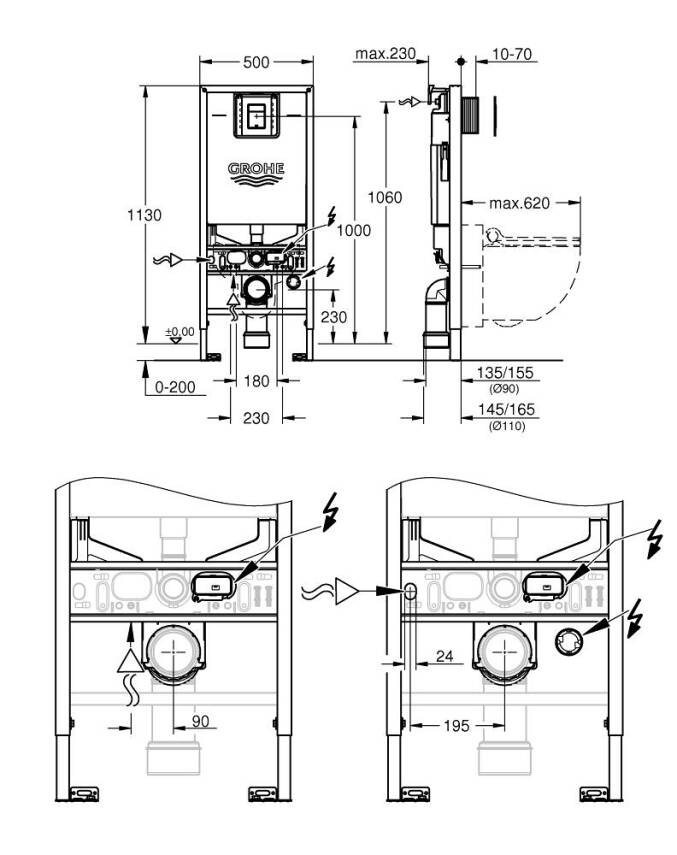 Grohe Rapid SLX Gömme Rezervuar Seti, Krom Kumanda Paneli ve Montaj Ekipmaları dahil, (1.13 m montaj yüksekliği) 39603000 - 3