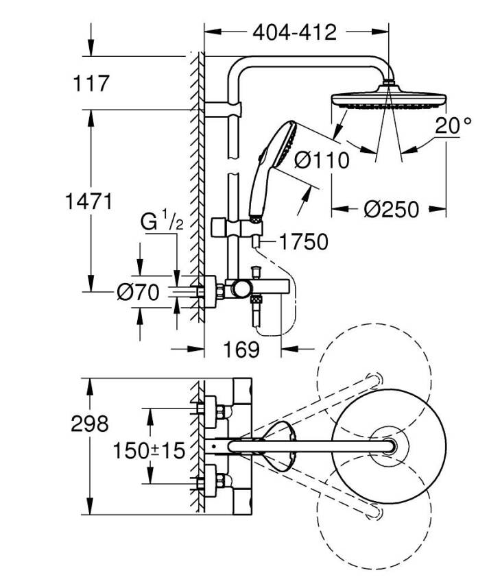 Grohe Tempesta System 250 Termostatik Banyo Bataryalı Duş Kolonu, Mat Siyah 266722431 - 5