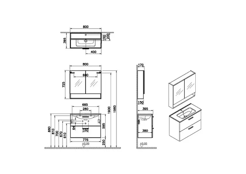 Vitra Banyo Dolabı Seti, Çekmeceli, Raflı Dolaplı Ayna 80 Cm, Parlak Beyaz 66050 - 3